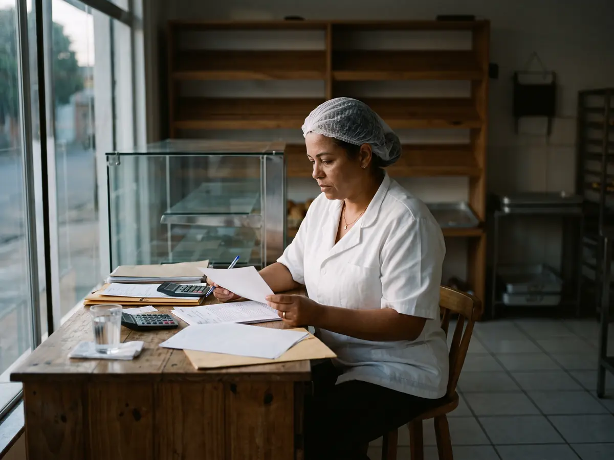 Dona de padaria revisando documentos no balcão depois do fechamento