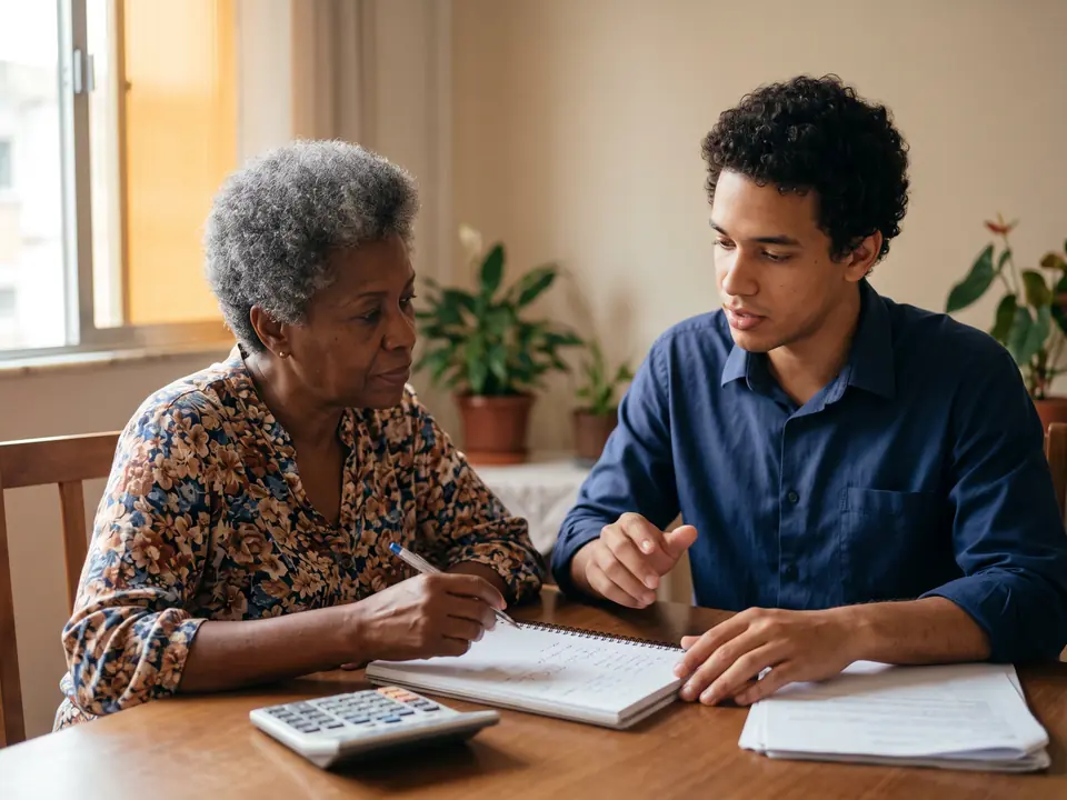 Senhora e um consultor revisando juntos um caderno de orçamento com calculadora