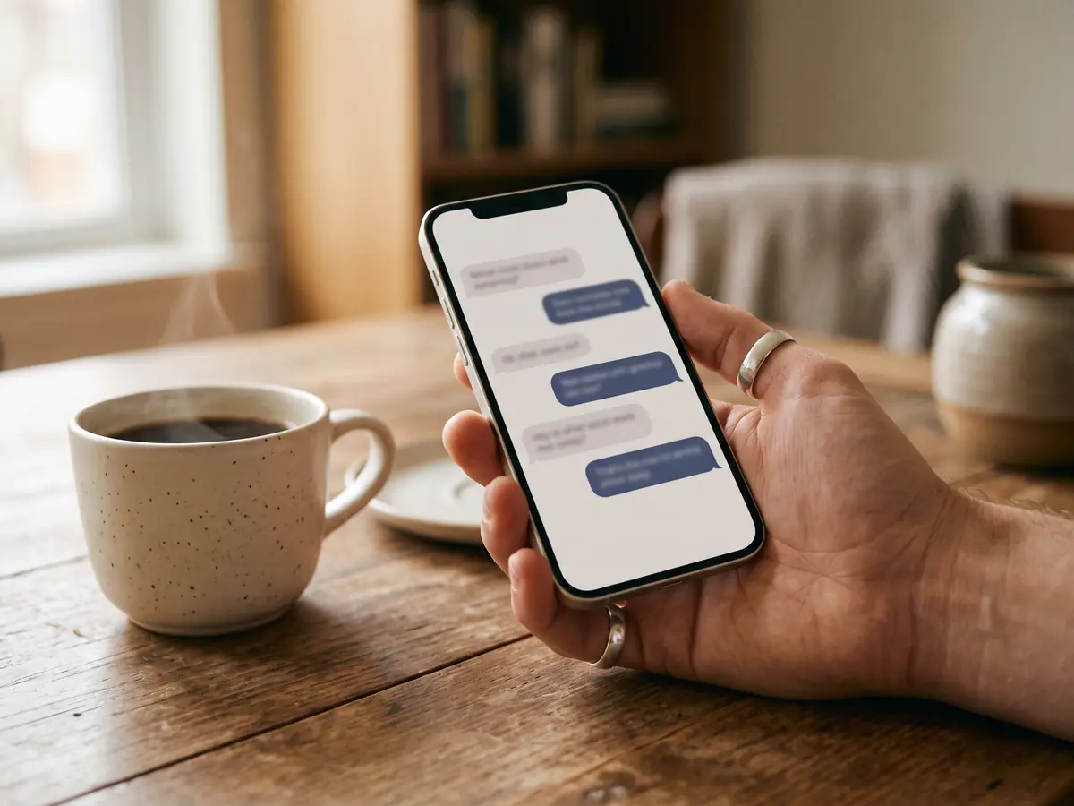 Mão segurando um celular com uma conversa de mensagens, ao lado de uma xícara de café