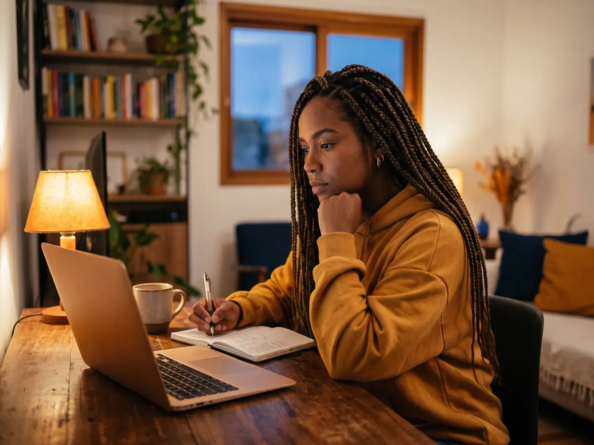 Jovem mulher à noite, junto a um notebook, anotando um orçamento num caderno